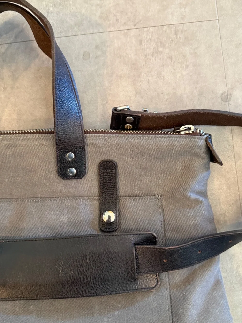 Ernest Alexander Varick gray twill canvas briefcase, dark brown leather